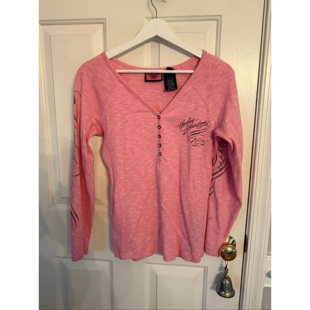 Harley Davidson Pink V-Neck Henley Shirt sz L NWOT